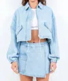 American Bazi Cropped Denim Jacket With Drawstring In Light Blue In Blue