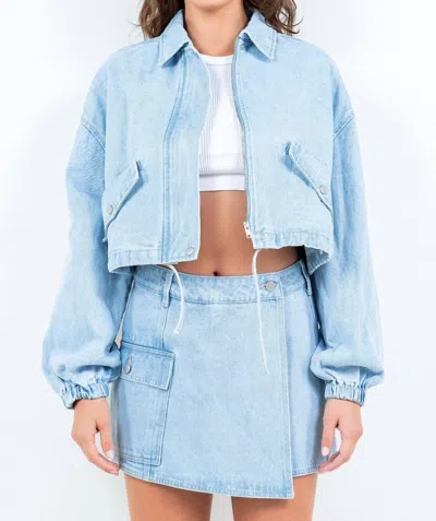 American Bazi Cropped Denim Jacket With Drawstring In Light Blue