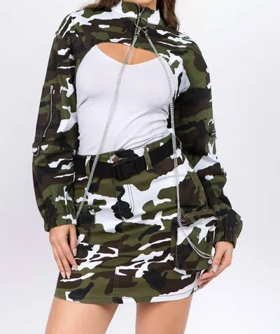 American Bazi Edgy Camo Cropped Jacket With Chains In Winter Camo In Multi
