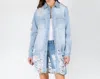 American Bazi Long Distressed Shacket In Light Blue In Blue