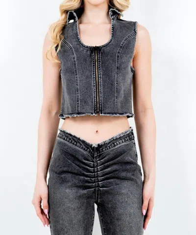 American Bazi Trendy Cropped Denim Vest With Raw Hem In Black
