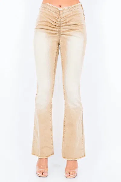 American Bazi V-cut Ruched Mid Flare Pants In Tan In Multi