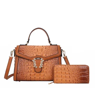 American Bee Women's Crocodile Buckeled Satchel Set In Brown