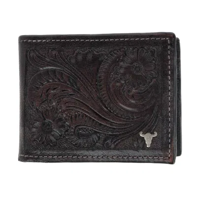 American Bison Men's Leather Hand Tooled Bifold Wallet In Black