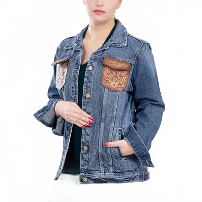 American Darling Denim With Fringe Jacket In Blue In Multi