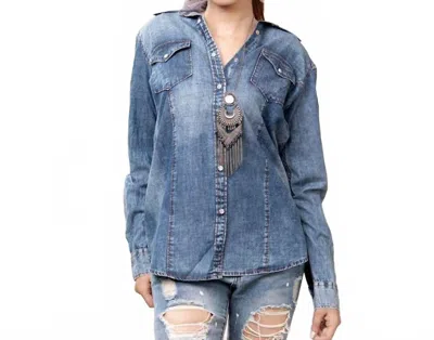 American Darling Denim With Leather Toole Shirt In Light Denim In Blue