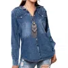 American Darling Leather Hand Tooled Carved Women Denim Shirt Jacket In Blue In Blue