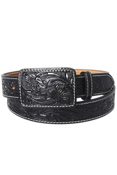 American Darling Unisex Hand Tooled Leather Belt In Black In Brown