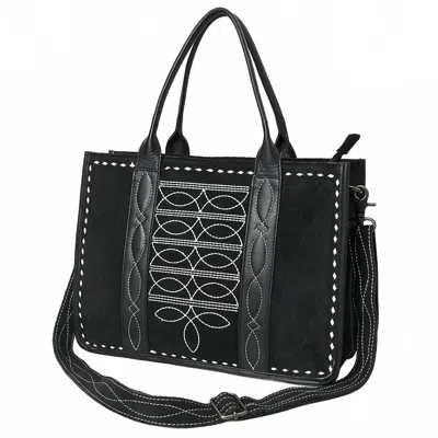 American Darling Women's Black Suede Tote Bag With White Hand-stitching