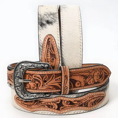 American Darling Women's Hair-on Cowhide Belt With Floral Tooled Leather Inlays And Western Buckle In White