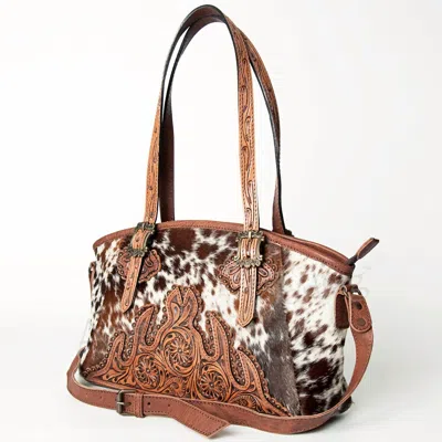 American Darling Women's Hand Tooled Genuine Leather Western Tote Bag In Brown / White