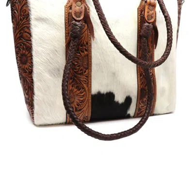 American Darling Women's Hand-tooled Leather And Cowhide Accents Tote Handbag In Brown/white In Multi