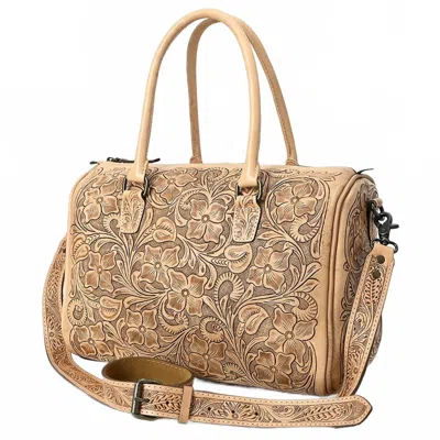 American Darling Women's Hand-tooled Leather Duffel Bag With Floral Carving In Tan In Beige