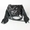 American Darling Women's Hide With Acid Wash And Fringe Purse Crossbody Bag In Black/white In Black