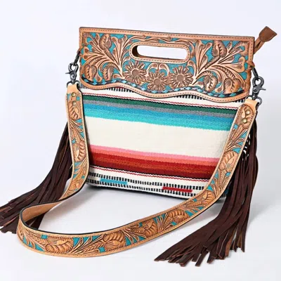 American Darling Women's Saddle Blanket Hand-tooled Leather Crossbody Bag In Brown/teal In Multi