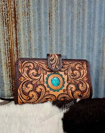 American Darling Women's Tooled Leather Wallet With Turquoise Detail In Brown