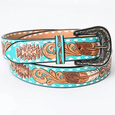 American Darling Women's Tooled Leather Western Belt In Turquoise Aztec And Feathers In Green