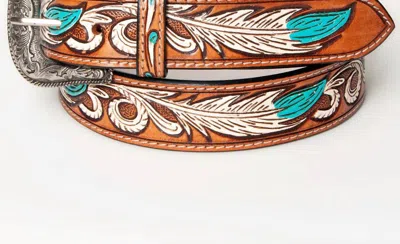 American Darling Women's Tooled Leather Western Belt In Turquoise Feathers In Multi