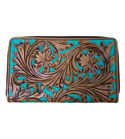 American Darling Women's Tooled Sip Around Wallet In Turquoise In Blue