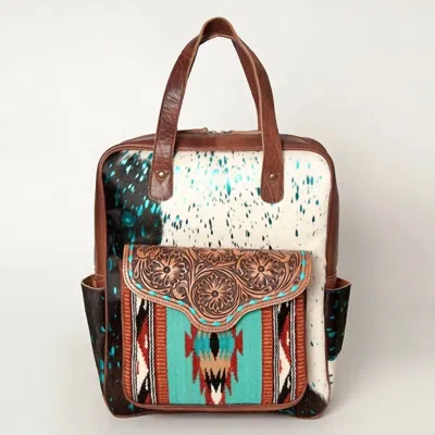 American Darling Women's Western Cowhide Leather Backpack With Hand-tooled Floral Accents In White/brown In Multi