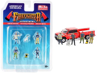 American Diorama Firefighter Ii 6 Piece Diecast Set (4 Figurines 1 Dog And 1 Accessory) For 1/64 Scale Models By Amer In Multi