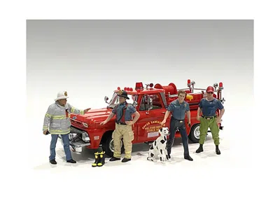American Diorama Firefighters 6 Piece Figure Set (4 Males 1 Dog 1 Accessory) For 1/18 Scale Models By American Dioram In Red