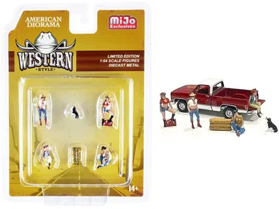 American Diorama Western Style 6 Piece Diecast Set (4 Figurines And 2 Accessories) For 1/64 Scale Models By American In Yellow