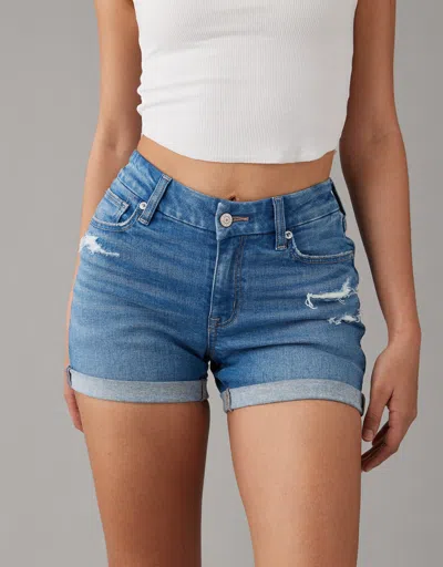 American Eagle Outfitters Ae Next Level Curvy V-rise Ripped Denim Midi Short In Blue