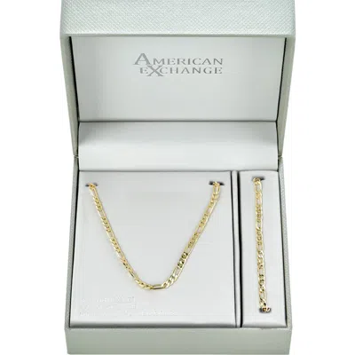 American Exchange 18k Gold Plated Figaro Chain Necklace & Bracelet Set
