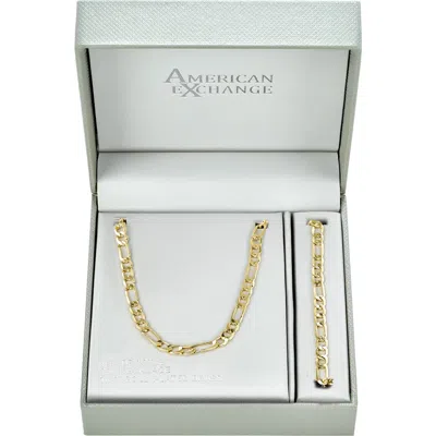 American Exchange 18k Gold Plated Figaro Chain Necklace & Bracelet Set