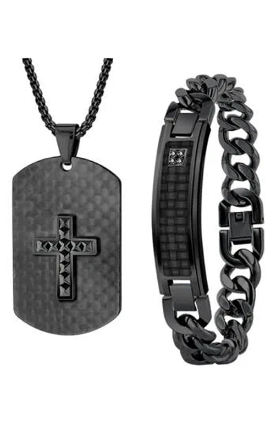 American Exchange Cross Dog Tag Necklace & Id Bracelet Set In Black