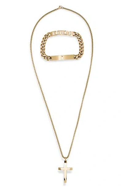 American Exchange Cross Necklace & Id Bracelet Set In Gold