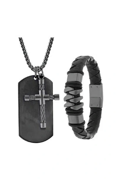 American Exchange Cross Pendant Necklace & Bracelet Set In Black