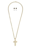 American Exchange Cross Pendant Necklace & Stud Earrings Set In Gold Multi