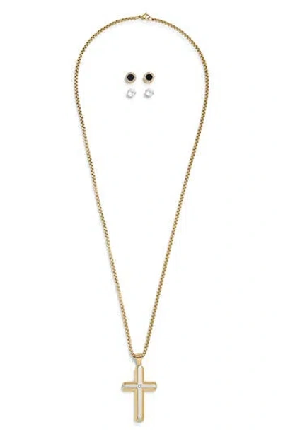 American Exchange Cross Pendant Necklace & Stud Earrings Set In Gold Multi