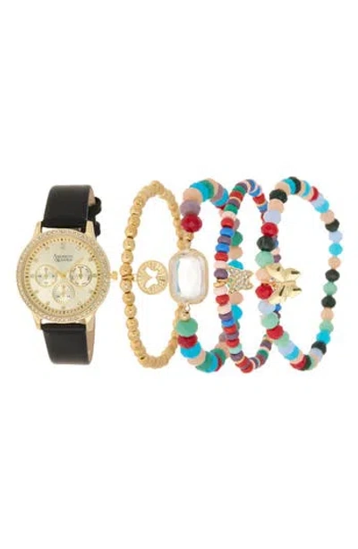 American Exchange Crystal Chronograph Faux Leather Strap Watch & Assorted Bracelets Set, 38mm In Black