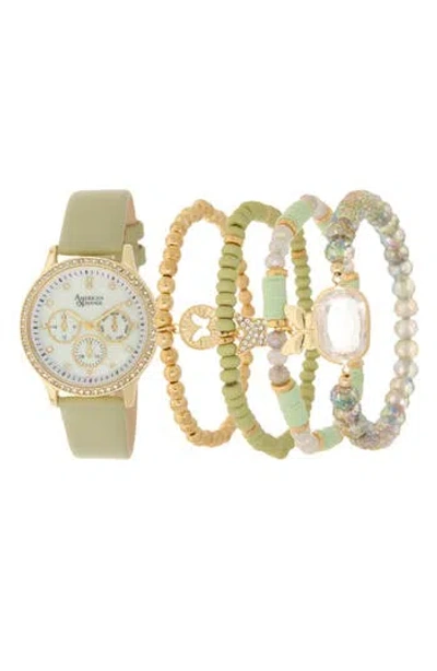 American Exchange Crystal Chronograph Faux Leather Strap Watch & Assorted Bracelets Set, 38mm In Green