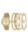 American Exchange Crystal Chronograph Faux Leather Strap Watch & Assorted Bracelets Set, 38mm In Sand