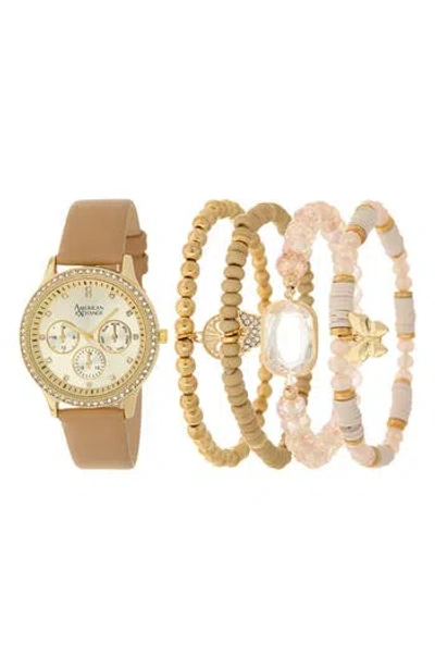 American Exchange Crystal Chronograph Faux Leather Strap Watch & Assorted Bracelets Set, 38mm In Sand