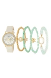 American Exchange Crystal Chronograph Faux Leather Strap Watch & Assorted Bracelets Set, 38mm In White