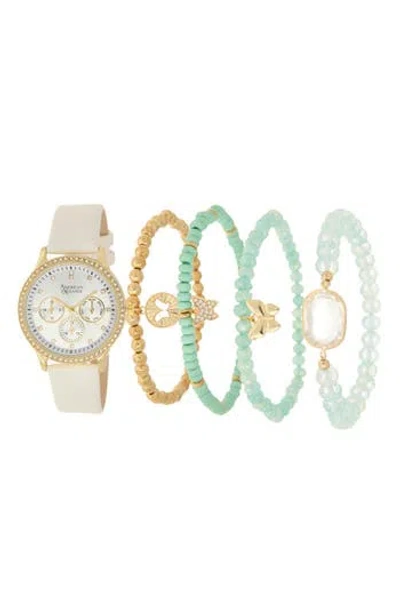 American Exchange Crystal Chronograph Faux Leather Strap Watch & Assorted Bracelets Set, 38mm In White