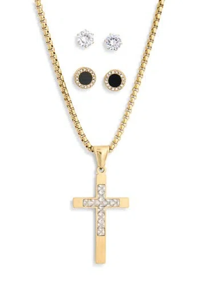 American Exchange Crystal Cross Necklace & Stud Earrings Set In Gold
