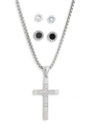 American Exchange Crystal Cross Necklace & Stud Earrings Set In Silver