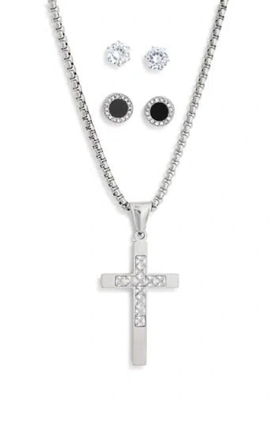 American Exchange Crystal Cross Necklace & Stud Earrings Set In Silver