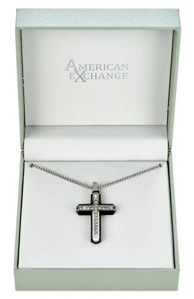 American Exchange Crystal Studded Cross Pendant Necklace In Silver