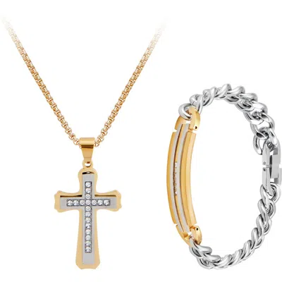 American Exchange Goldtone Plated Stainless Steel Diamond Cross Necklace & Bracelet 2-piece Set