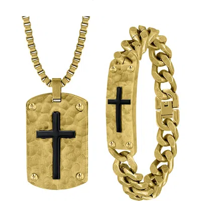American Exchange Hammered Cross Dog Tag Pendant Necklace & Id Bracelet Set In Gold