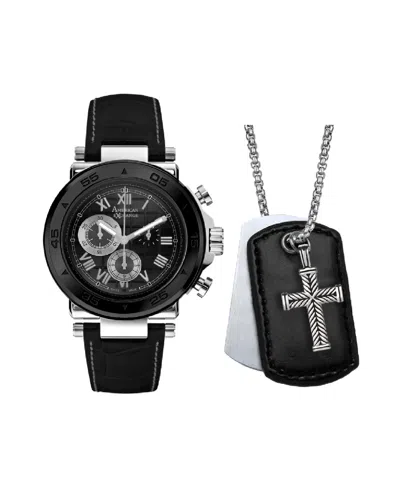 American Exchange Men's Analog, Three-hand Quartz Black Leather Strap Watch 44mm Gift Set