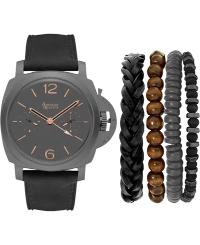 American Exchange Men's Analog, Three-hand Quartz Black Leather Strap Watch 44mm X 53mm Gift Set