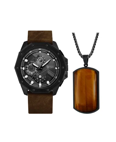 American Exchange Men's Analog, Three-hand Quartz Matte Brown Leather Strap Watch 48mm Gift Set